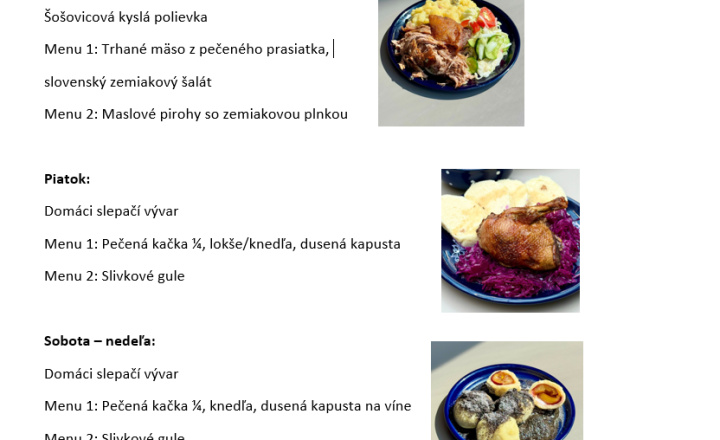 Sladká bodka Nivy - príďte na skvelý obed Denné menu v Sladkej bodke od 30.7.2026 - 2.8.2026