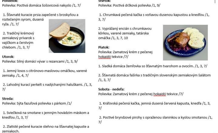 Sladká bodka Nivy - príďte na skvelý obed Denné menu v Sladkej bodke od 5.10.2026 - 11.10.2026